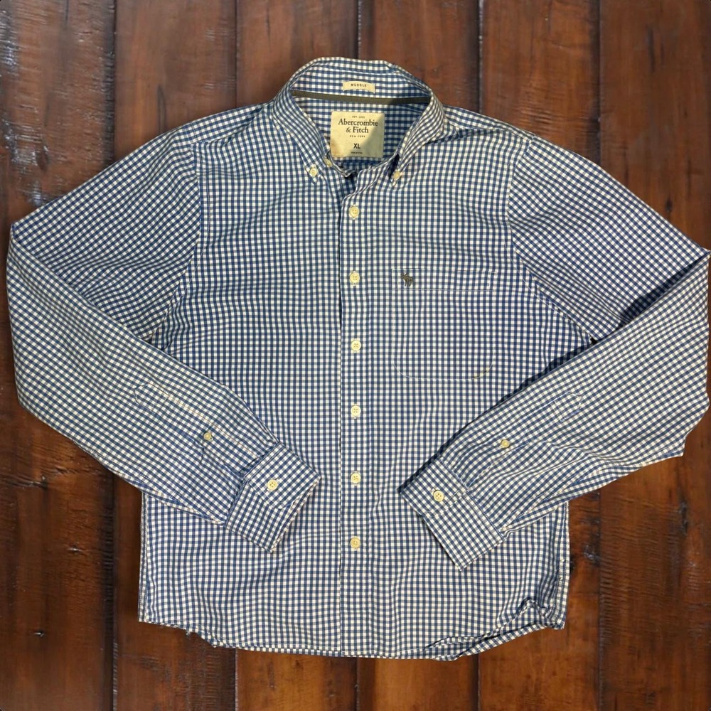 Abercrombie & Fitch Gingham Button Up Shirt‎ Men's XL Muscle Fit Blue White